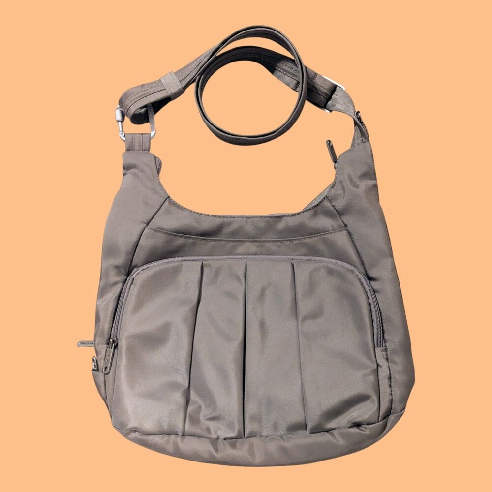 Travelon Anti-Theft Pleated Hobo Handbag Beige Orange Lining Travel Purse